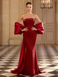 Mermaid Sequins Evening Dresses Strapless Sleeveless Floor-Length Sparkle Oversized Back Bow With Long Tails Zipper Wedding Guest