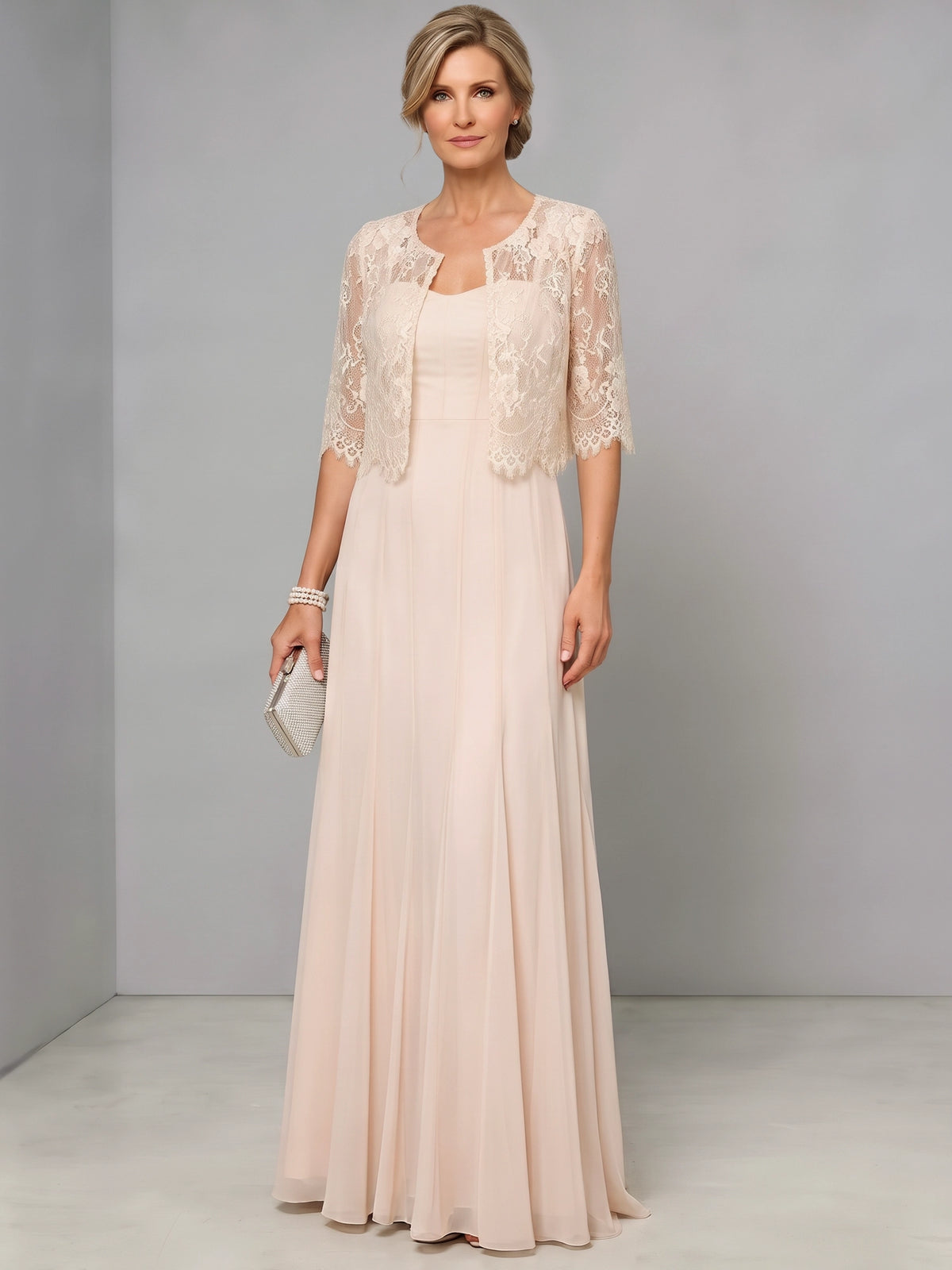 A-Line Mother Of The Bride Dresses Elegant Chiffon Two Piece Set Lace Champagne Floor Length 3/4 Long Sleeves Formal Wedding Guest Dresses