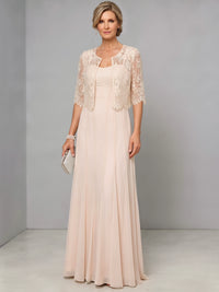 A-Line Mother Of The Bride Dresses Elegant Chiffon Two Piece Set Lace Champagne Floor Length 3/4 Long Sleeves Formal Wedding Guest Dresses