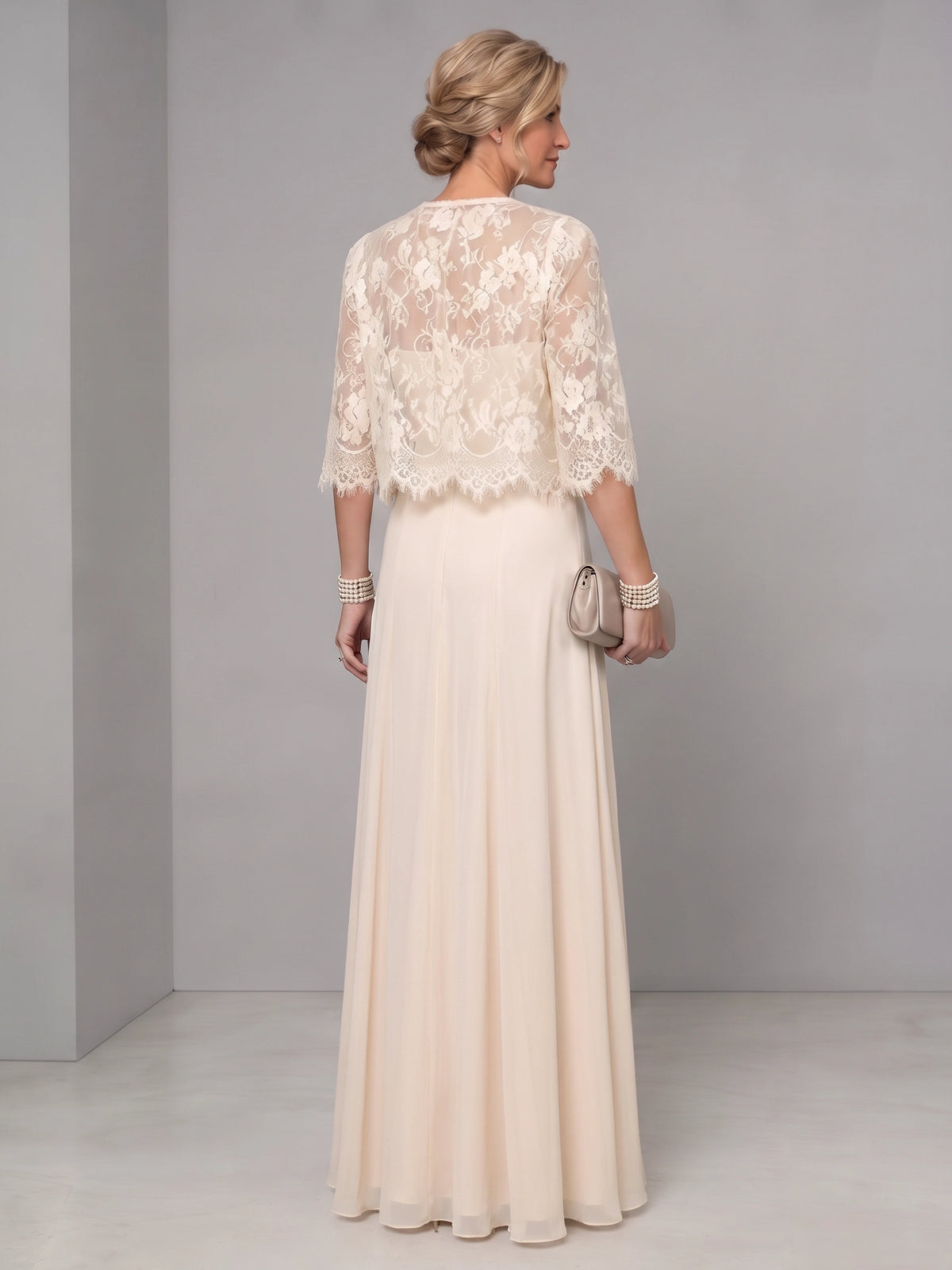 A-Line Mother Of The Bride Dresses Elegant Chiffon Two Piece Set Lace Champagne Floor Length 3/4 Long Sleeves Formal Wedding Guest Dresses