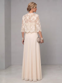 A-Line Mother Of The Bride Dresses Elegant Chiffon Two Piece Set Lace Champagne Floor Length 3/4 Long Sleeves Formal Wedding Guest Dresses