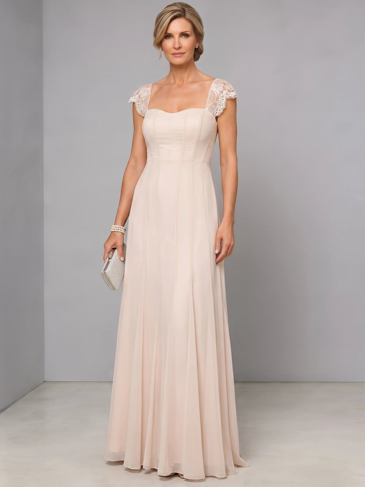 A-Line Mother Of The Bride Dresses Elegant Chiffon Two Piece Set Lace Champagne Floor Length 3/4 Long Sleeves Formal Wedding Guest Dresses