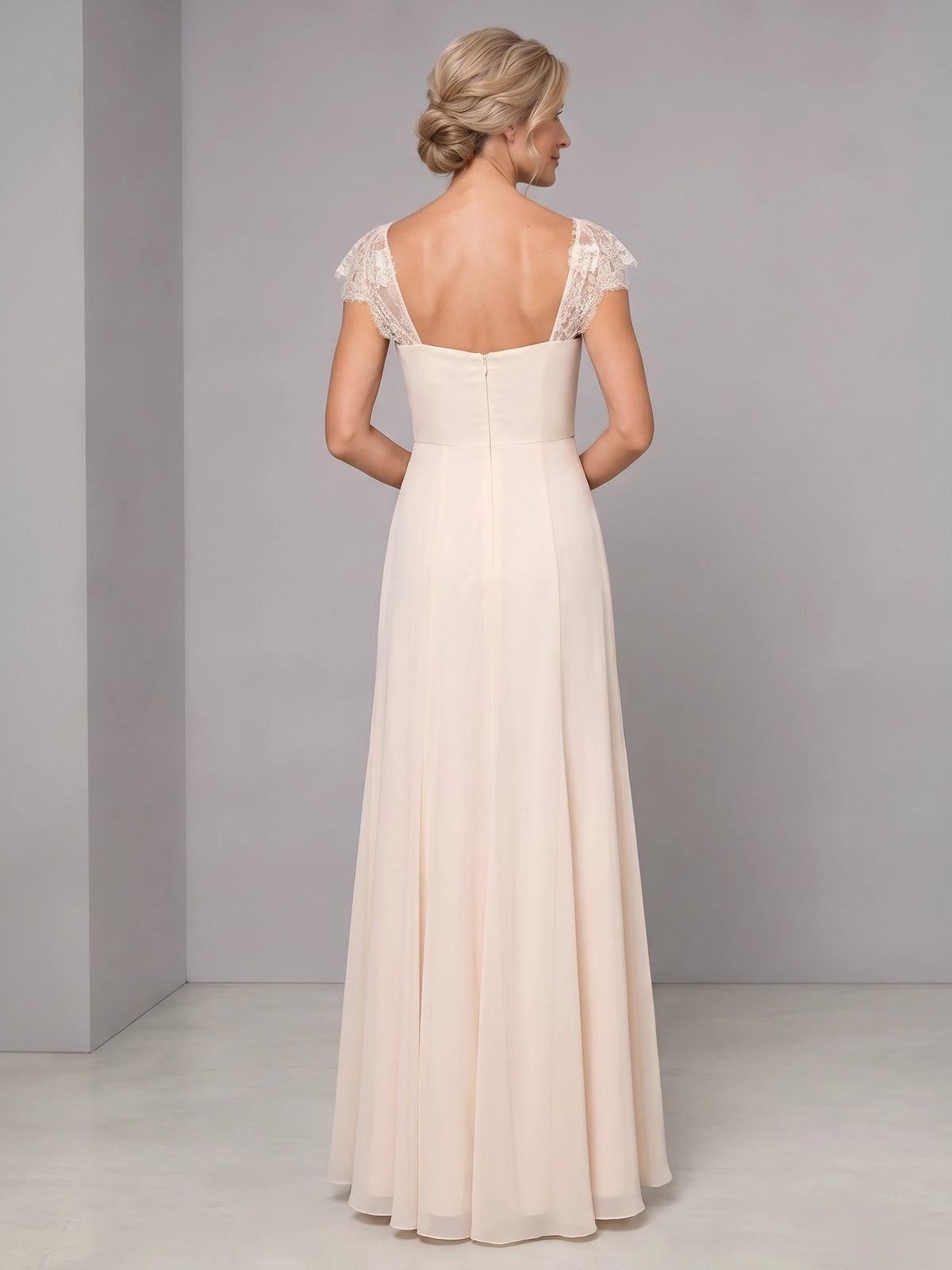 A-Line Mother Of The Bride Dresses Elegant Chiffon Two Piece Set Lace Champagne Floor Length 3/4 Long Sleeves Formal Wedding Guest Dresses