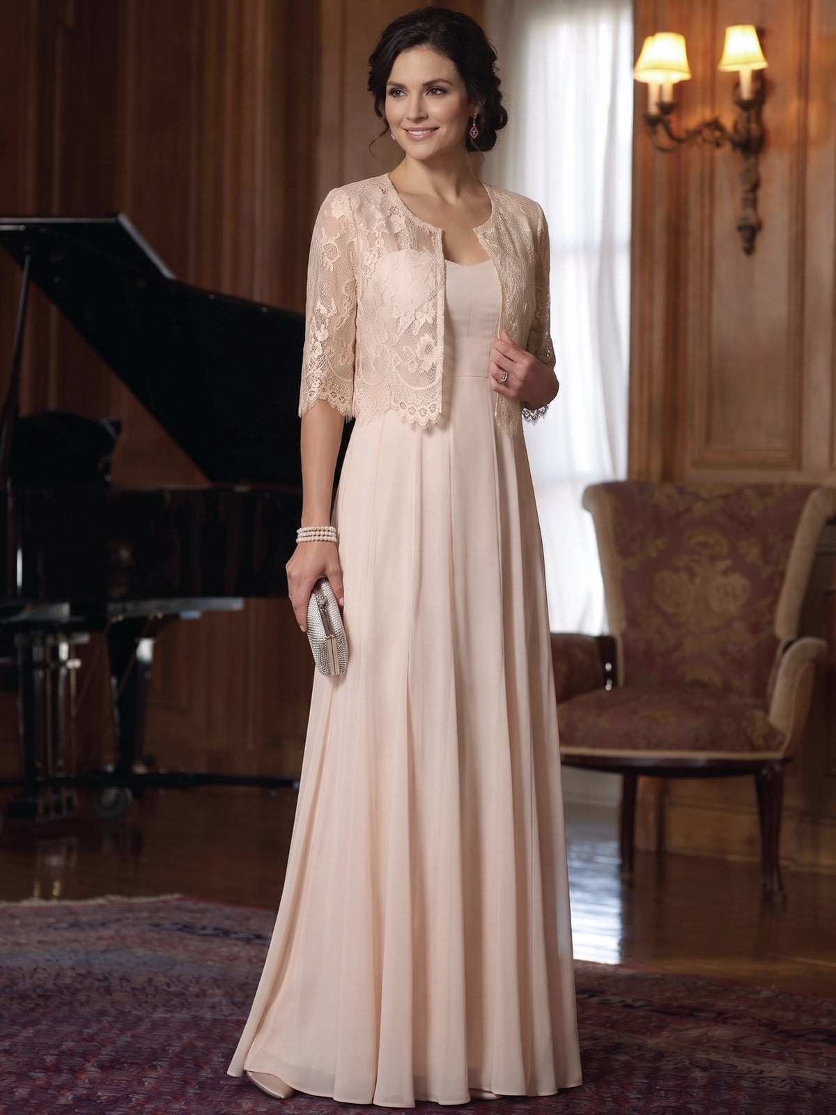 A-Line Mother Of The Bride Dresses Elegant Chiffon Two Piece Set Lace Champagne Floor Length 3/4 Long Sleeves Formal Wedding Guest Dresses