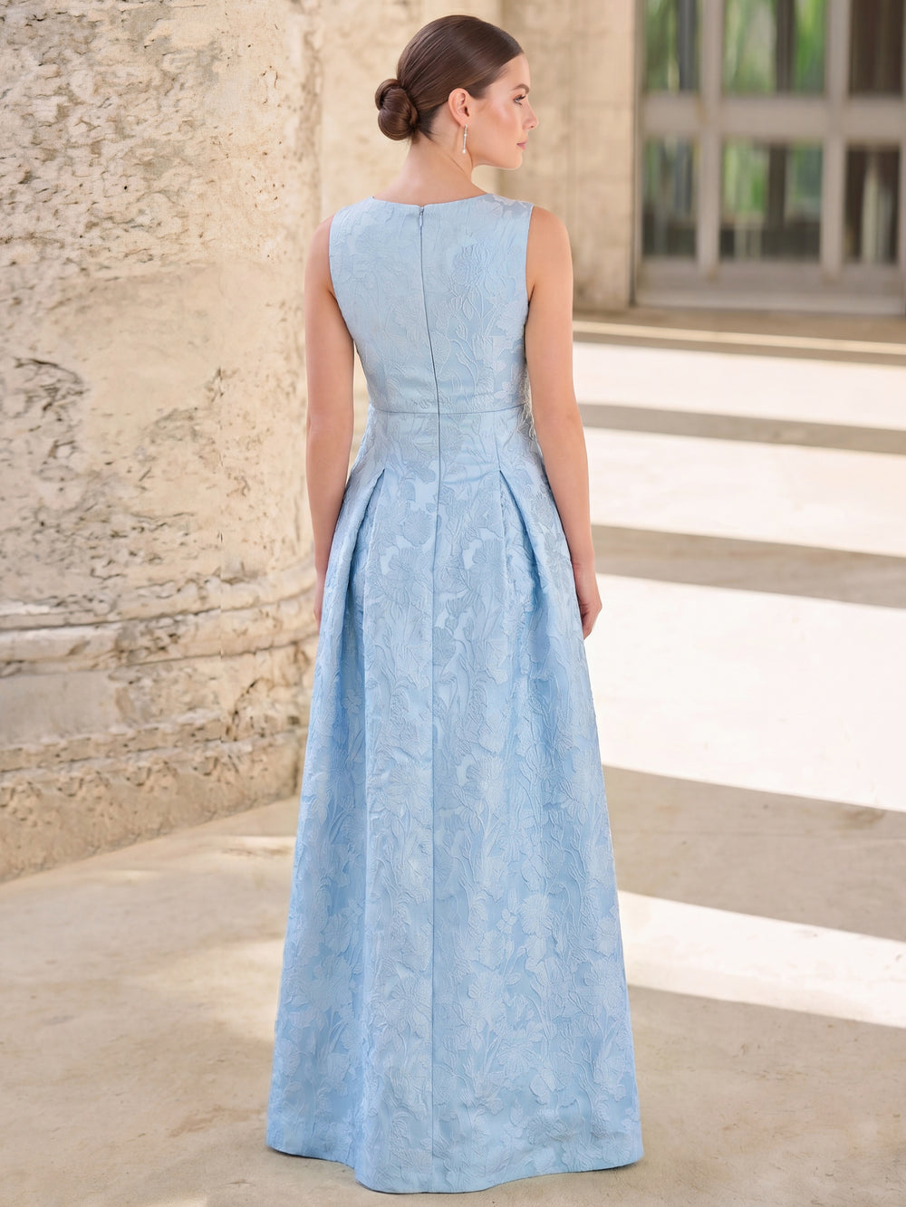 A-Line/Princess Evening Dresses  V-Neck Floral jacquard Sleeveless High Split Floor Length Dresses with Pocket