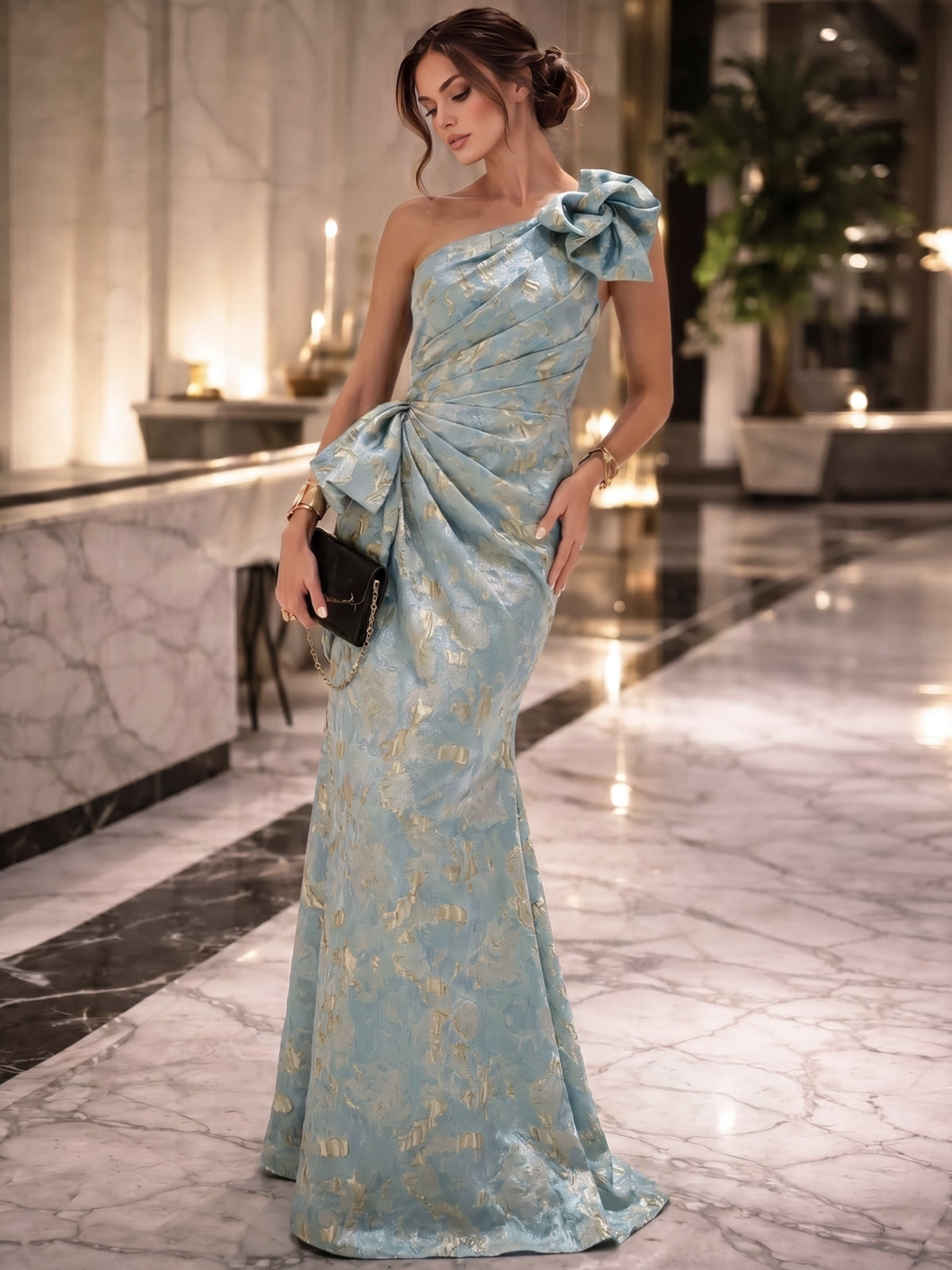 Mermaid Evening Dresses Elegant Formal Dress Jacquard One-Shoulder With 3D Flowers Sleeveless Floor-Length Sash Ruffles
