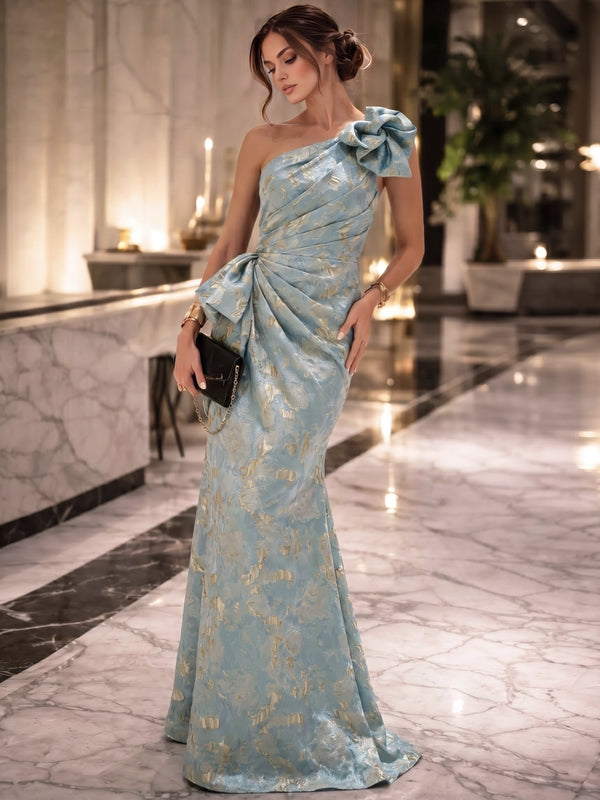 Mermaid Evening Dresses Elegant Formal Dress Jacquard One-Shoulder With 3D Flowers Sleeveless Floor-Length Sash Ruffles