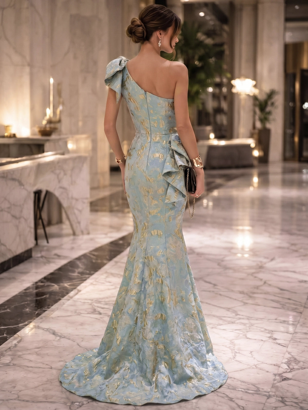 Mermaid Evening Dresses Elegant Formal Dress Jacquard One-Shoulder With 3D Flowers Sleeveless Floor-Length Sash Ruffles