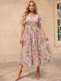A-Line Cocktail Dresses Floral Embroidery Tea-Length V-Neck Short Sleeves Zipper Elegant Dresses