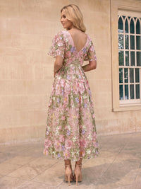 A-Line Cocktail Dresses Floral Embroidery Tea-Length V-Neck Short Sleeves Zipper Elegant Dresses