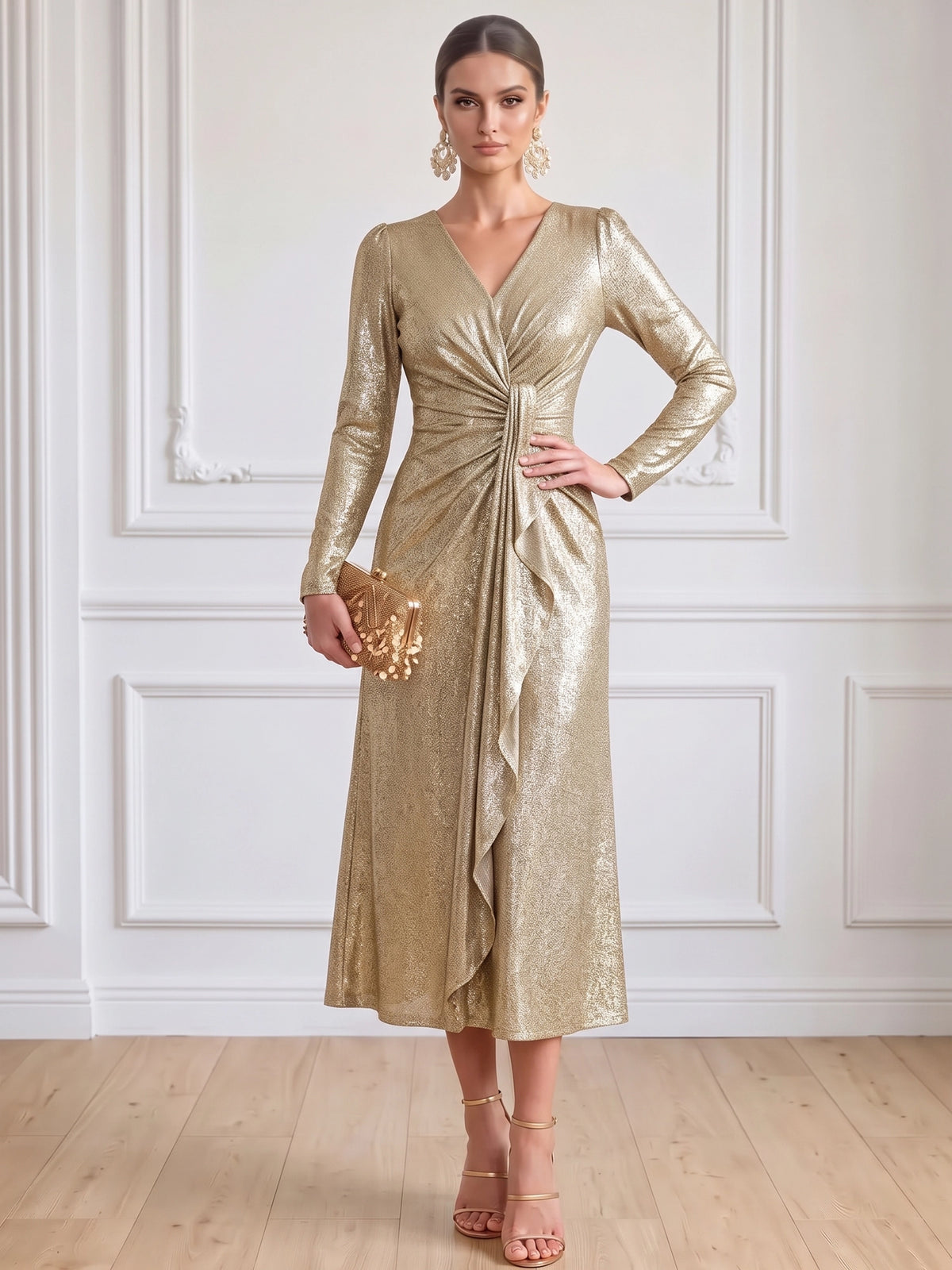 Sheath/Column Cocktail Dresses Tea Length Metallic Jersey V Neck Long Sleeves Ligjt Gold Formal Wedding Guest Dress
