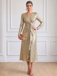 Sheath/Column Cocktail Dresses Tea Length Metallic Jersey V Neck Long Sleeves Ligjt Gold Formal Wedding Guest Dress