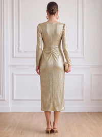 Sheath/Column Cocktail Dresses Tea Length Metallic Jersey V Neck Long Sleeves Ligjt Gold Formal Wedding Guest Dress
