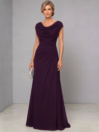 A-Line Mother Of The Bride Dresses Grape Chiffon Boat Neck Elegant Sleeveless Floor-Length Formal Wedding Guest Dresses