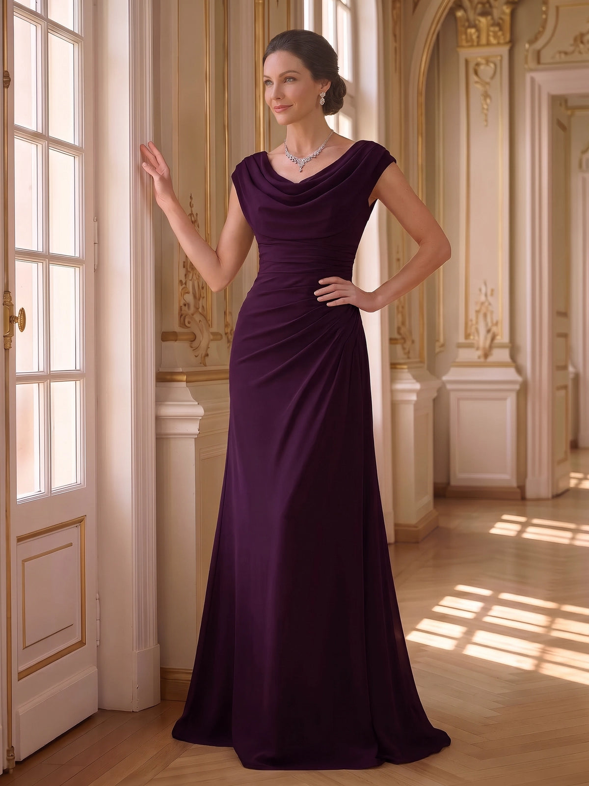 A-Line Mother Of The Bride Dresses Grape Chiffon Boat Neck Elegant Sleeveless Floor-Length Formal Wedding Guest Dresses