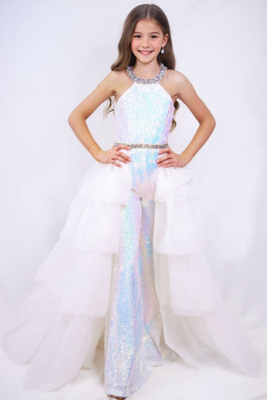 Girls Prom Jumpsuits Sequins & Beading Halter Neckline Asymmetrical Jumpsuits with Detachable Tulle Skirt Hem