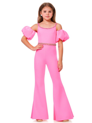 Hot Pink Girls Prom Jumpsuits Elastic Satin Off-The-Shoulder Short Puff Sleeves with Beaded Neckline and Waist Band