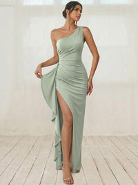 Sheath/Column Wedding Guest Dress Satin One-Shoulder Sleeveless Floor-Length Prom Dresses With High Side Split &Ruffle