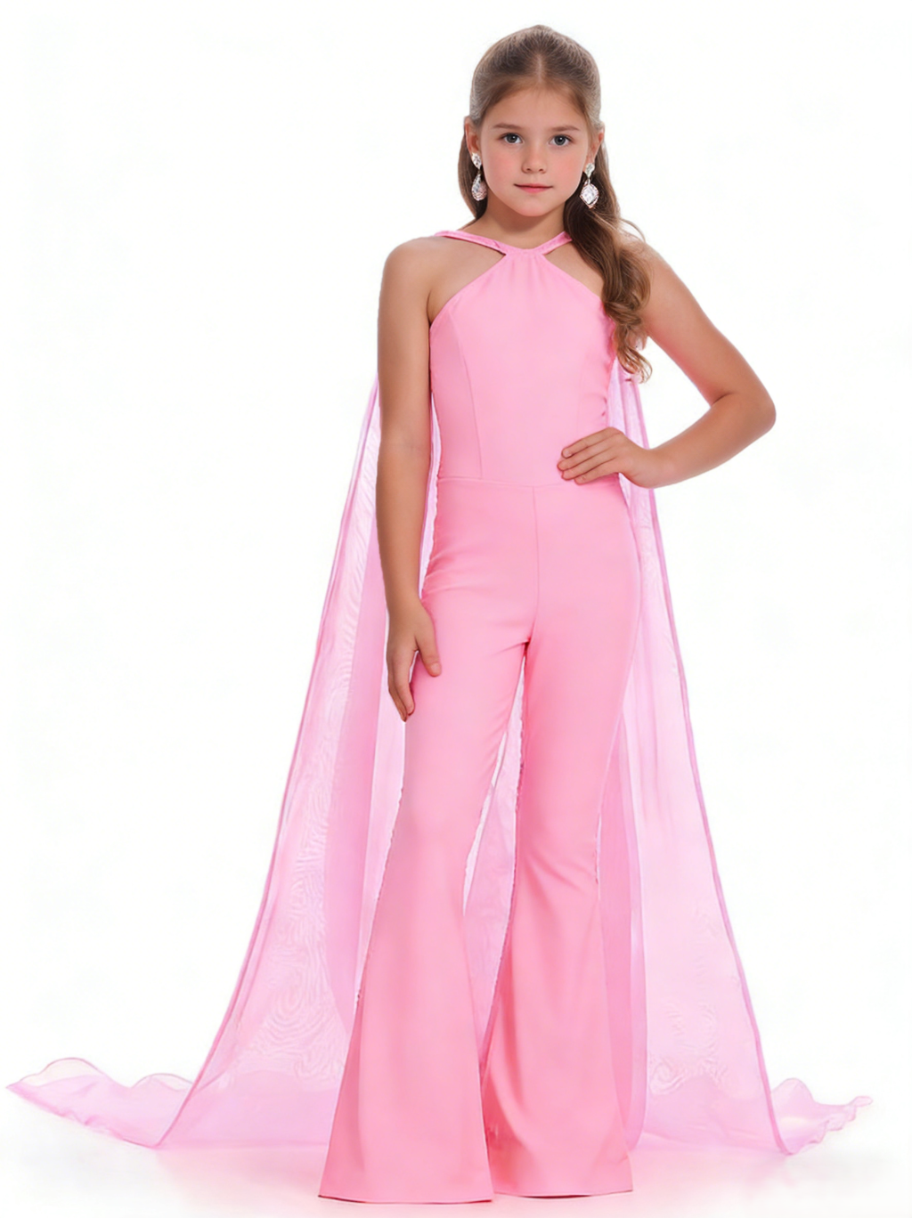 Pink Girls Prom Jumpsuits Elastic Satin Halter Heckline Sleeveless with Organza Cape
