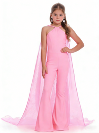 Pink Girls Prom Jumpsuits Elastic Satin Halter Heckline Sleeveless with Organza Cape