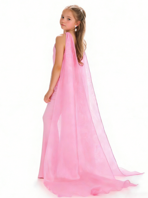 Pink Girls Prom Jumpsuits Elastic Satin Halter Heckline Sleeveless with Organza Cape
