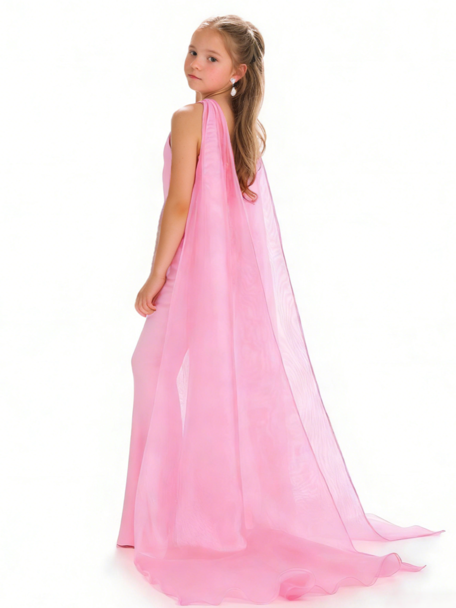 Pink Girls Prom Jumpsuits Elastic Satin Halter Heckline Sleeveless with Organza Cape