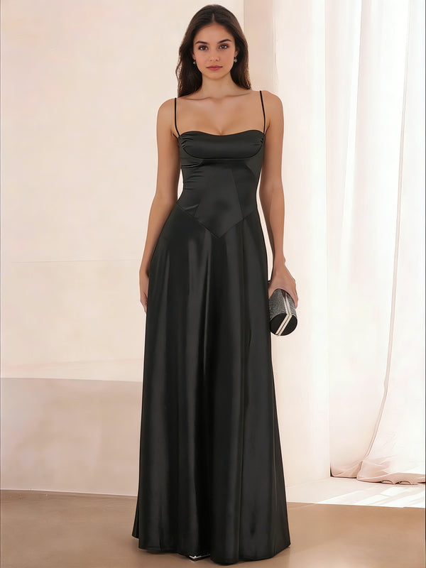 A-Line/Princess Prom Dress Square Neck Spaghetti Straps Sleeveless Floor-Length Elegant Satin