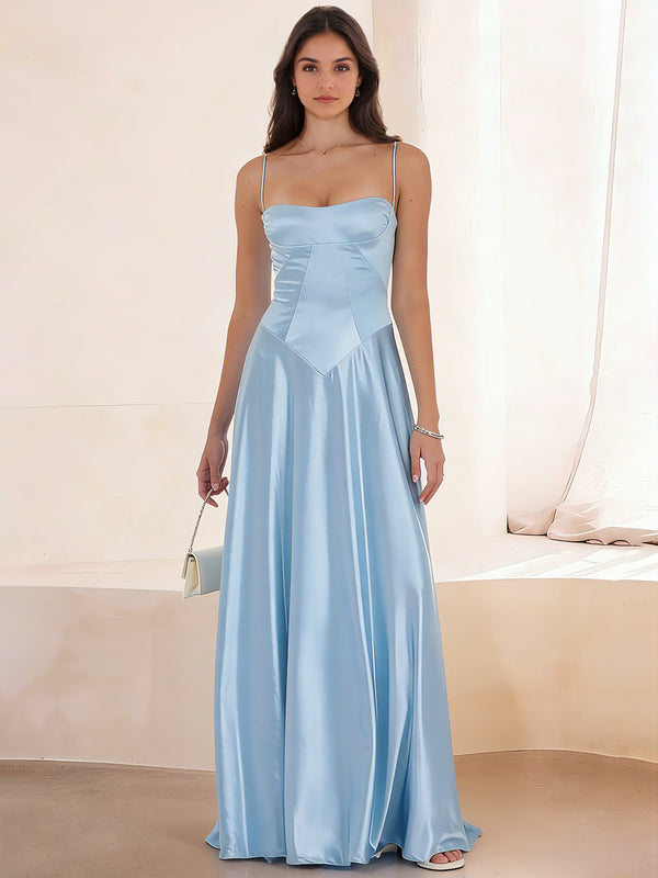 A-Line/Princess Prom Dress Square Neck Spaghetti Straps Sleeveless Floor-Length Elegant Satin