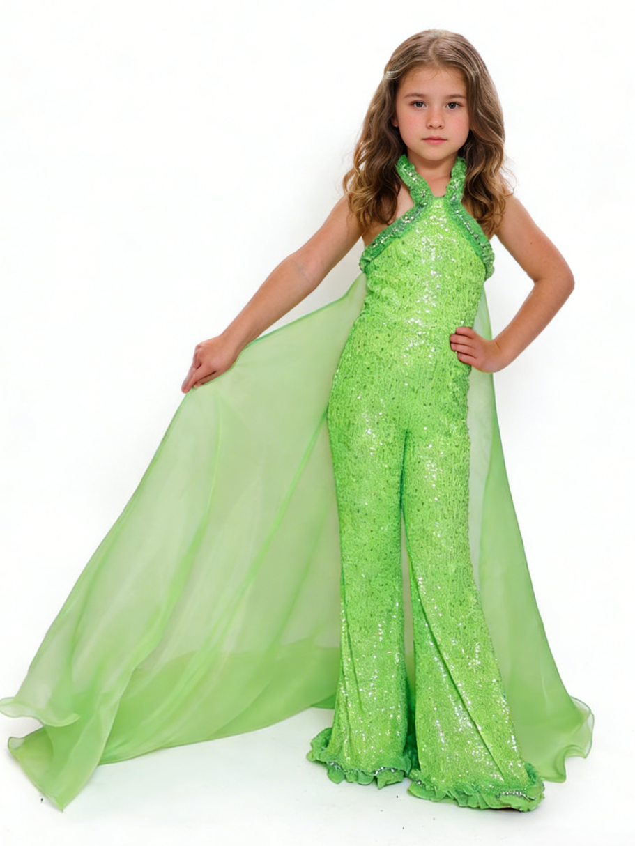 Lime Girls Prom Jumpsuits Sequins Halter Heckline Sleeveless Pageant & Performance Dresses with Organza Cape