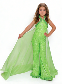 Lime Girls Prom Jumpsuits Sequins Halter Heckline Sleeveless Pageant & Performance Dresses with Organza Cape
