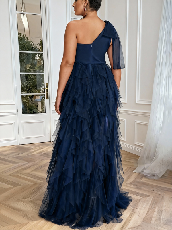 A-Line/Princess Plus Size Prom Dresses Mesh One-Shoulder Floor-length