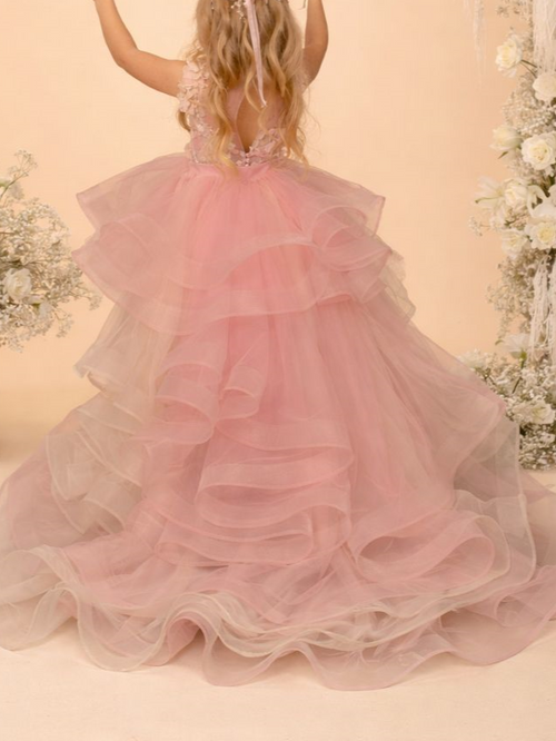 A-Line/Princess Asymmetrical High Low Flower Girl Dresses Scoop Neck Short Sleeves Elegant Girl Ball Grown with 3D Floral Appliques
