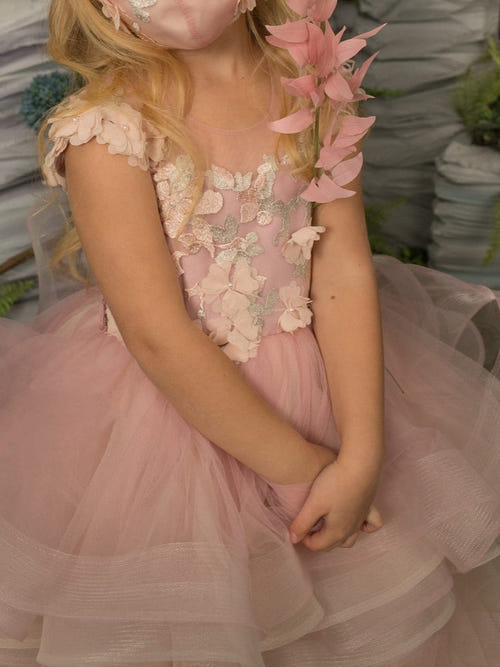 A-Line/Princess Asymmetrical High Low Flower Girl Dresses Scoop Neck Short Sleeves Elegant Girl Ball Grown with 3D Floral Appliques