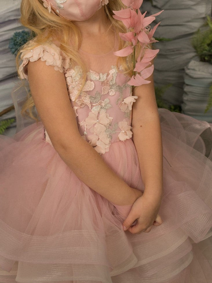 A-Line/Princess Asymmetrical High Low Flower Girl Dresses Scoop Neck Short Sleeves Elegant Girl Ball Grown with 3D Floral Appliques