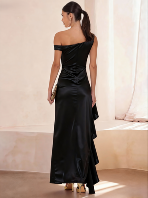 Sheath/Column Satin Prom Dress Off Shoulder Maxi Dress High Side Split with Ruffled Edges
