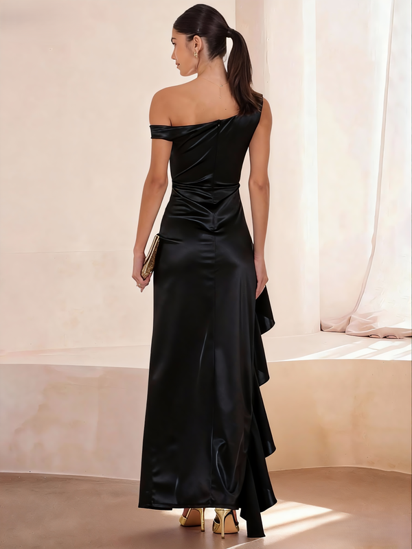 Sheath/Column Satin Prom Dress Off Shoulder Maxi Dress High Side Split with Ruffled Edges