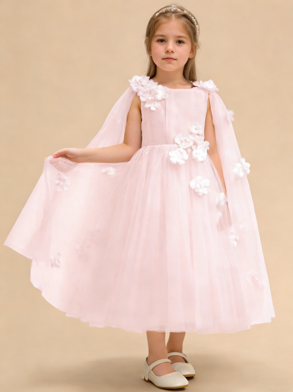 A-Line/Princess Flower Girl Dresses	Tulle Scoop Sleeveless Tea-Length with Cape 3D Floral