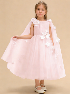 A-Line/Princess Flower Girl Dresses	Tulle Scoop Sleeveless Tea-Length with Cape 3D Floral