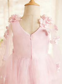 A-Line/Princess Flower Girl Dresses	Tulle Scoop Sleeveless Tea-Length with Cape 3D Floral