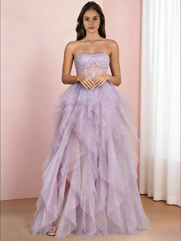 A-Line/Princess Long Prom Dresses Sweetheart Sleeveless Floor-Length Layered Tulle Dresses With Corset