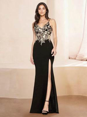 Sheath/Column Stretch Chiffon Prom Dresses Spaghetti Straps Floor-Length  Side Split with Golden Appliques