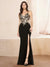 Sheath/Column Stretch Chiffon Prom Dresses Spaghetti Straps Floor-Length  Side Split with Golden Appliques