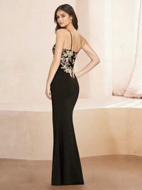 Sheath/Column Stretch Chiffon Prom Dresses Spaghetti Straps Floor-Length  Side Split with Golden Appliques