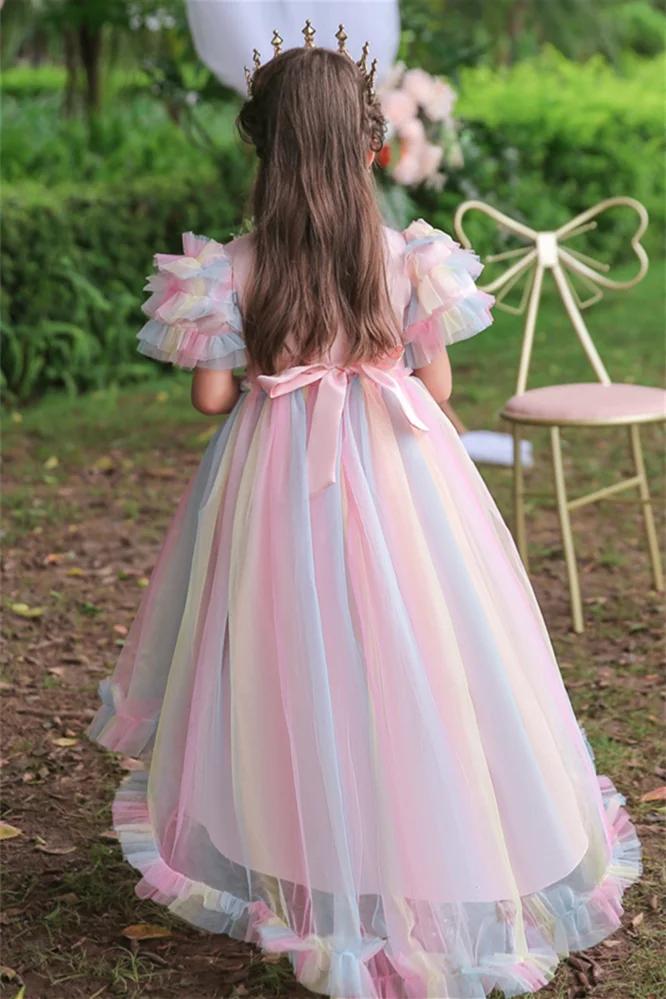 A-Line/Princess Asymmetrical High Low Flower Girl Dresses Scoop Neck Short Sleeves Girl Prom Garden Flower Girl Dress with Sequins