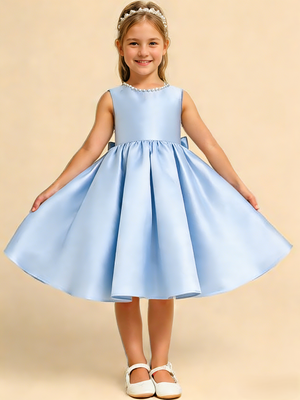 A-Line/Princess Little Girl Dresses Scoop Neckline Knee Length Pearl-Embellished Collar  Elegant Satin Girl Dress with Bowknot