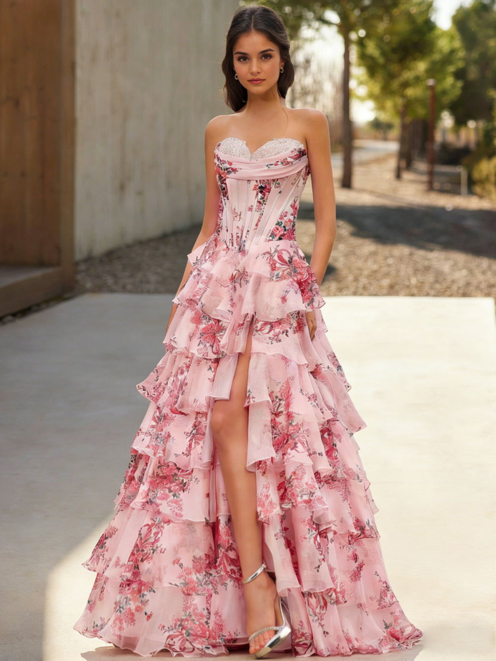 A-Line/Princess Floral Prom Dresses Floor-length Corset Dresses With Layered Ruffles