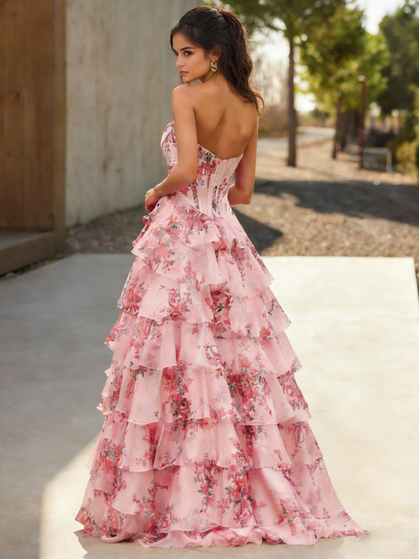 A-Line/Princess Floral Prom Dresses Floor-length Corset Dresses With Layered Ruffles