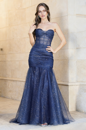 Mermaid Long Prom Dress Sweetheart Sleeveless Floor-Length Layered Tulle with Fine Glitter