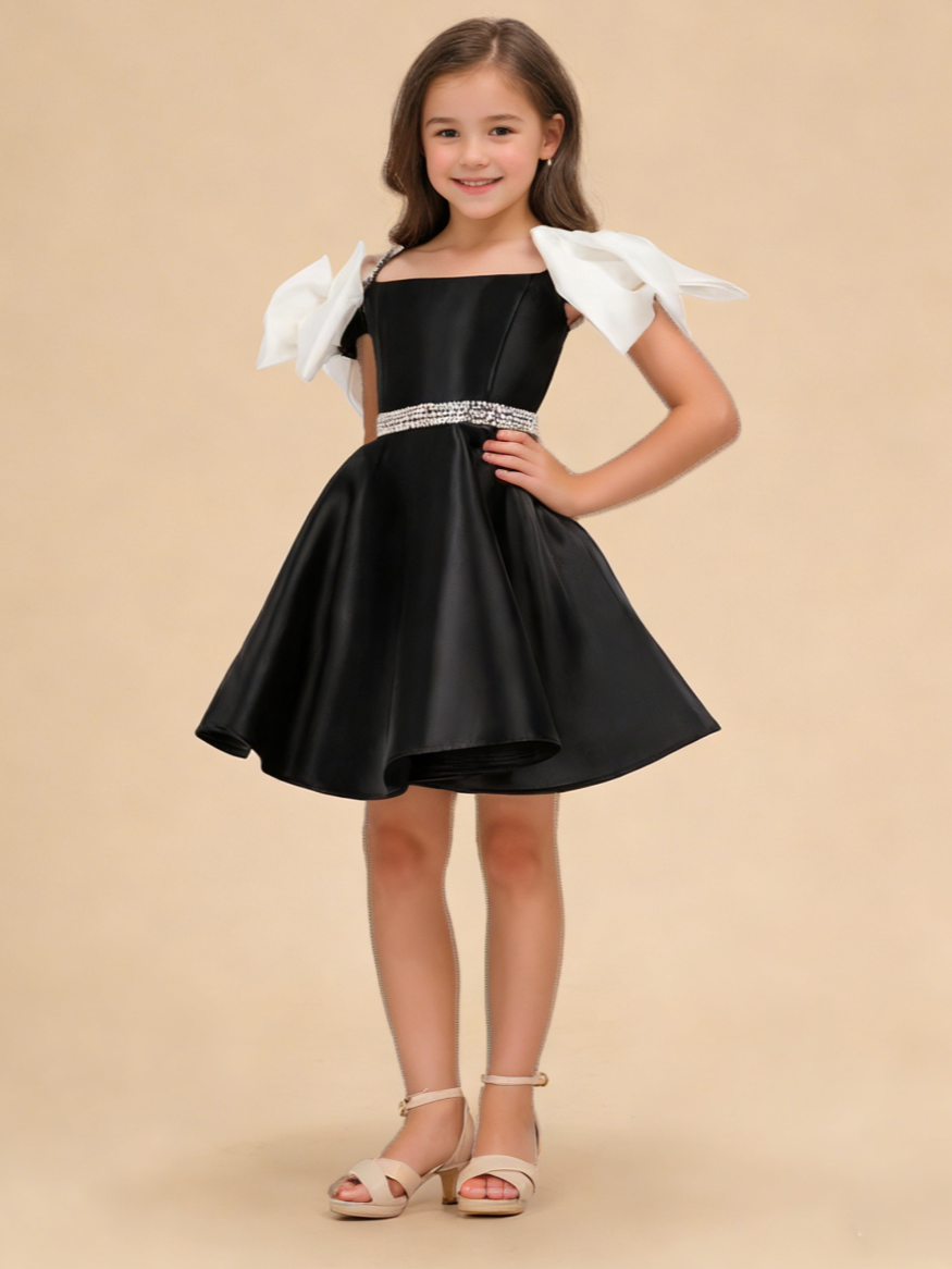 A-Line Flower Girl Dresses Satin Birthday Dresses Off-the-Shoulder Bow Sleeves Knee Length Party Dresses With Rhinestone Waist Belt