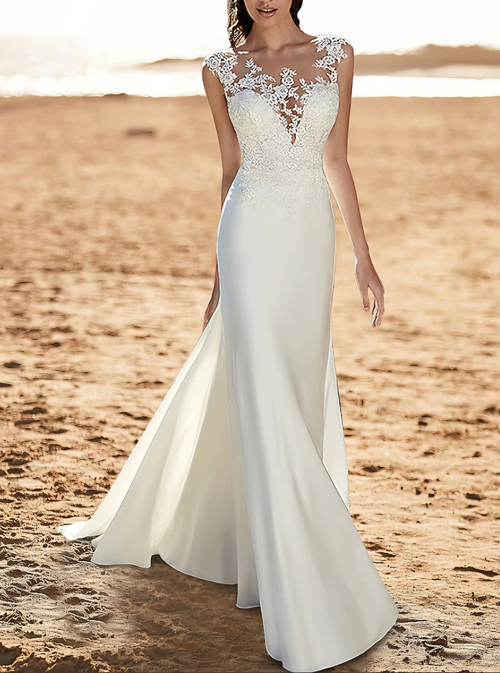 Mermaid Wedding Dresses Wedding Beach Chiffon Floor-length Open Back V-Neck Sleeveless Court Train Bridal Gowns With Appliques